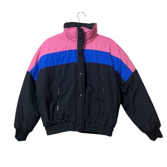 American Eagle Retro Color Block Puffer Jacket In Pink/Blue/Black Size Small - Picture 1 of 9